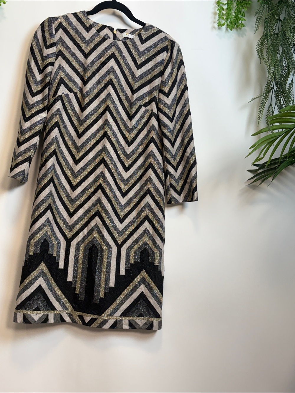 Trina Turk Chevron Metallic Shift Dress — Black, Gold & Silver